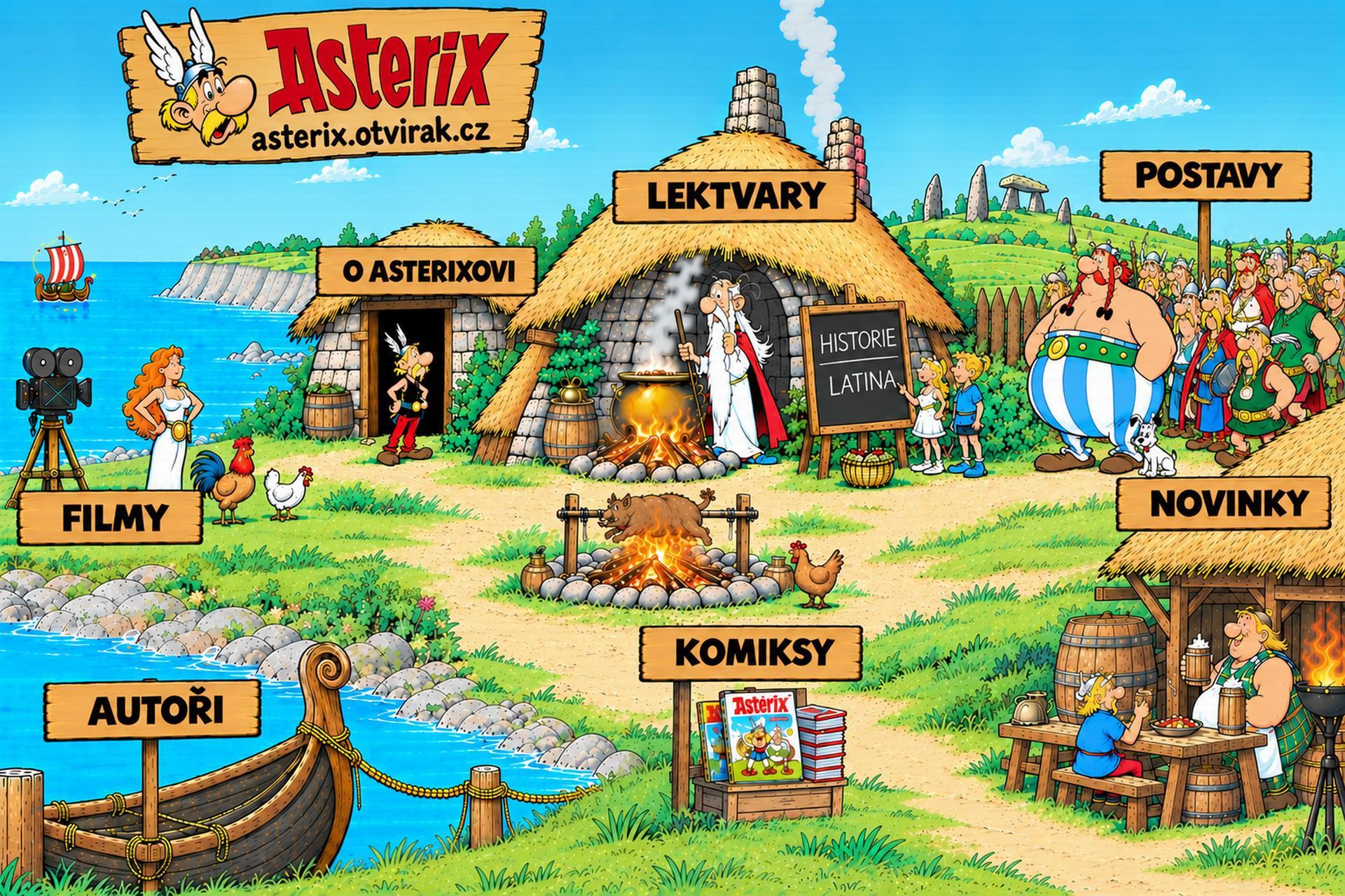 Ilustrovaná galská vesnice s Asterixem a navigačními cedulemi